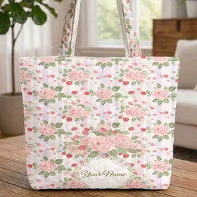 Pink Roses Strawberries Floral Wreath Your Name - Everyday Gift Quilted Tote Bag