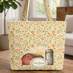 Personalized Name Barn Silo Wildflowers Sunrise - Farmhouse Decor Gift Quilted Tote Bag