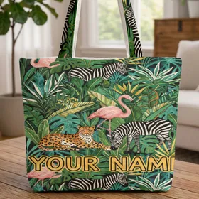 Leopard Flamingo Zebra Tropical Jungle Foliage Wildlife Lover Gift Quilted Tote Bag