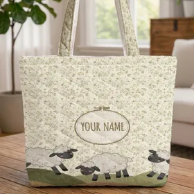 Fluffy Sheep Green Hills Floral Sprigs - New Baby Shower Gift Personalized with Name Quilted Tote Bag
