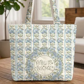 Ornate Floral Wreath Name Blue Flower Sage Leaf - Everyday Carry Gift Quilted Tote Bag