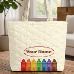 Rainbow Crayons - Back to School Art Supplies Gift for Young Students & Teachers Quilted Tote Bag