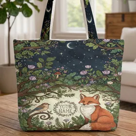 Red Fox Bird Starry Moon Forest Floral Wreath - Personalized Nature Lover Gift Quilted Tote Bag