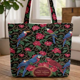 Exotic Birds Blossoms Green Leaves Gold Medallion - Personalized Wildlife Lover Gift Quilted Tote Bag