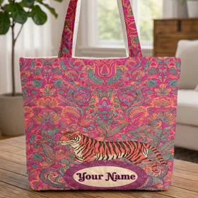 Majestic Tiger Indian Floral Tulips Personalized Name - Botanical Wildlife Gift Quilted Tote Bag