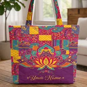 Indian Medallion Lotus Paisley Floral Patchwork - Everyday Boho Lifestyle Quilted Tote Bag