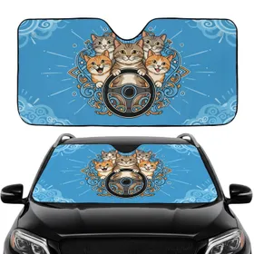 Four Cats Driving Wheel Road Trip - Auto Interior Decor Gift for Cat Lovers Car Sunshade