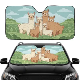 Alpaca Family Green Hills Stylized Clouds - Wildlife Lover Gift Car Sunshade