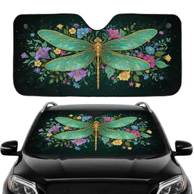 Golden Teal Dragonfly Botanical Flowers - Wildlife Lover Home Decor Gift Car Sunshade
