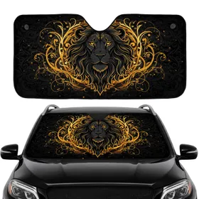 Black Lion Head Glowing Eyes Golden Swirls - Wildlife Lover Gift for Lion Lover Car Sunshade