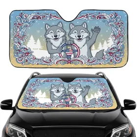 Two Friendly Gray Wolves American Flag Winter - Patriotic Wildlife Car Decor Car Sunshade