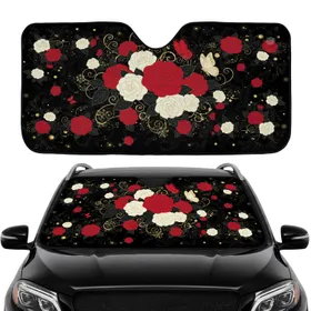 Black Background Crimson Roses White Camellia Butterflies Gold - Home Decor Gift Car Sunshade