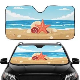 Orange Starfish Seashells Sandy Beach Ocean Waves Clouds - Beach Lover Gift Car Sunshade