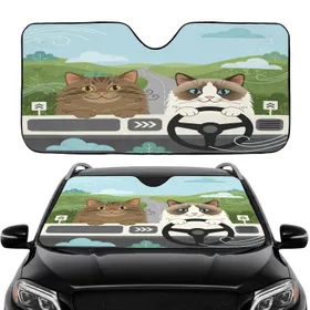 Grinning Tabby Bi-Color Cat Car Ride - Road Trip Gift for Cat Lover Car Sunshade