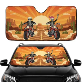 Cartoon Skeleton Bikers Desert Sunset Landscape Adventure Lover Travel Gift Car Sunshade