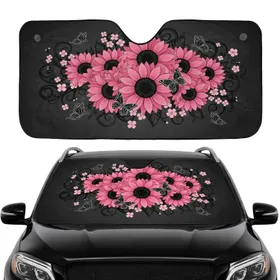 Pink Sunflowers Black Butterflies Blossoms - Nature Lover Home Decor Gift Car Sunshade