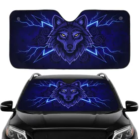 Indigo Blue Wolf Head Lightning Energy Swirls - Fantasy Lover Gift Car Sunshade