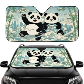 Waving Panda Driving Bamboo City Silhouette - Wildlife Lover Everyday Auto Decor Gift Car Sunshade