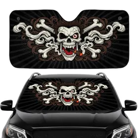 Cracked Human Skull with Burning Cigar and Bones Edgy Home Decor Gift Car Sunshade