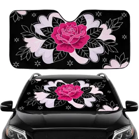 Fuchsia Pink Rose Black Leaves Stars Deep Black Background Everyday Car Interior Car Sunshade