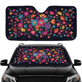 Vibrant Floral Bloom Cluster Green Leaves White Speckles Midnight - Everyday Car Decor Gift Car Sunshade