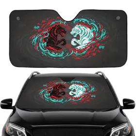Black Wolf Snarling White Tiger Yin Yang Elemental Fire Water - Fantasy Lover Gift Car Sunshade