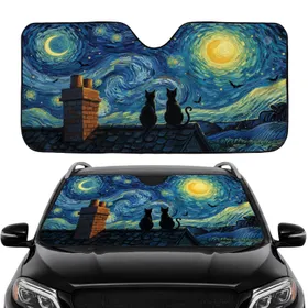 Sleek Black Cats Golden Moon Swirling Night Sky Bats Stars - Cat Lover Home Decor Gift Car Sunshade