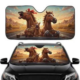 Three Funny Horses Singing Road Trip - Car Decor for Horse Lover Car Sunshade