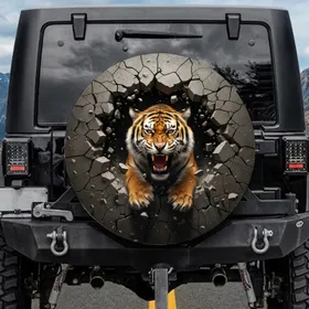 Roaring Tiger Head Bursting Fractured Stone - Adventure Seeker Wildlife Lover Gift for Him Spare Tire Cover