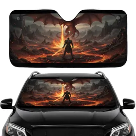 Armored Warrior Dragon Fire Battle - Volcanic Canyon Fantasy Decor Gift Car Sunshade