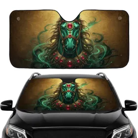 Majestic Emerald Horse Head Golden Bridle Ruby Gemstones - Luxury Car Accessory Gift Car Sunshade