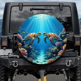 Green Yellow Sea Turtles Rich Coral Reefs Deep Blue Ocean Sunbeams - Underwater Wildlife Gift Spare Tire Cover
