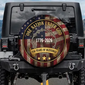 Rustic Crown of Thorns 1776-2026 American Flag - USA 250th Anniversary Patriotic Spare Tire Cover