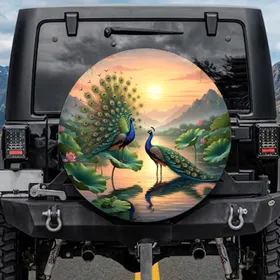 Peacocks Lotus Water Sun - Wildlife Lover Home Decor Gift Spare Tire Cover