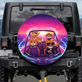 Orange Tabby Cats Driving Sunglasses Peace Sign Ocean Sunset - Adventure Gift Spare Tire Cover