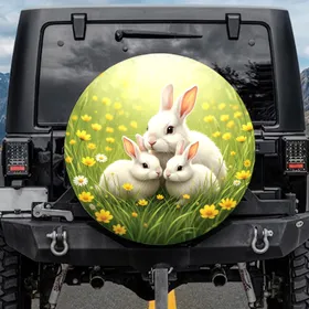 Three White Rabbits Wildflower Meadow - Spring Nature Lover Outdoor Decor Gift Spare Tire Cover