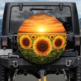Large Healthy Sunflowers Field Sunset Sky Scene - Everyday Outdoor Decor Spare Tire Cover