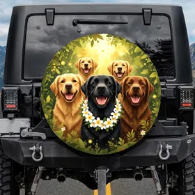 Smiling Labrador Golden Retriever Dogs Warm Greens - Dog Lover Gift Spare Tire Cover