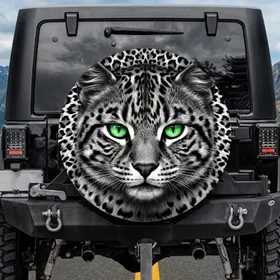 Vertical Pupils Emerald Green Cat Eyes Jet Black White Leopard Fur - Wildlife Lover Gift Spare Tire Cover