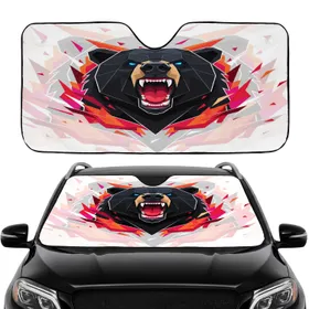 Roaring Black Bear Electric Blue Eyes Vibrant Red Polygonal Shards - Wildlife Lover Gift Car Sunshade