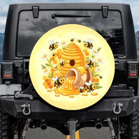Honeybees Beehive Honey Pot Daisy Field - Sunny Meadow Home Decor Gift Spare Tire Cover