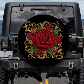 Majestic Deep Red Rose Golden Baroque Filigree Lush Green Leaves Home Decor Gift Spare Tire Cover