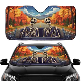 Laughing Skeletons Autumn Road Trip Mountains - Halloween Adventure Gift Car Sunshade
