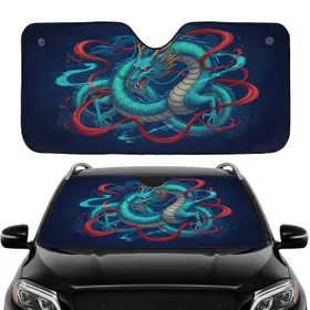 East Asian Dragon Blue Green Scales Golden Horns Red Ribbons - Home Decor Gift for Dragon Lover Car Sunshade