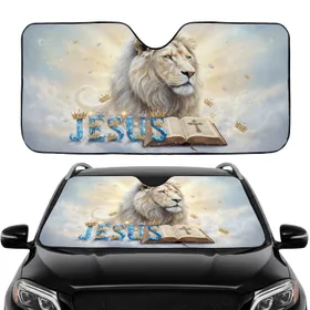 White Lion Jesus Bible Jeweled Cross Golden Crowns - Christian Devotion Gift Car Sunshade