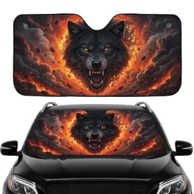 Snarling Black Wolf Head Glowing Yellow Eyes Fiery Smoke - Wildlife Lover Gift Car Sunshade