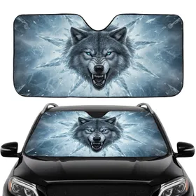 Snarling Wolf Head Bared Fangs Glowing Eyes Crystal Ice Shards Frosty Mist - Wildlife Lover Gift Car Sunshade