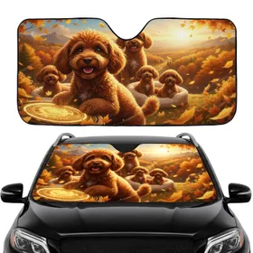 Poodle Dogs Autumn Trees Landscape Hills Winding Path - Dog Lover Lifestyle Car Sunshade