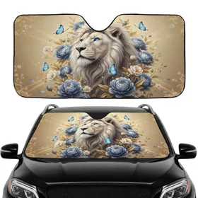 Majestic White Lion Peony Floral Blue Butterflies - Wildlife Lover Home Decor Gift Car Sunshade