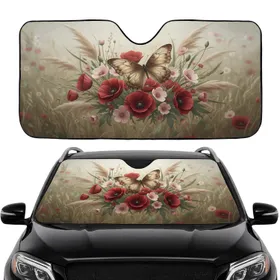 Elegant Butterfly Red Poppy Pink Blossom Wild Grass Pampas - Nature Lover Gift Car Sunshade